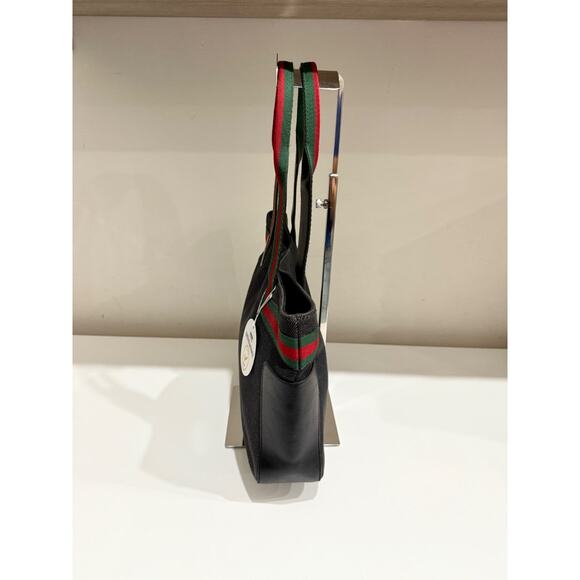 VTG Gucci Web Striped Sherry Line Denim Leather Tote Handbag Dark Blue/Green/Red - Picture 4 of 13